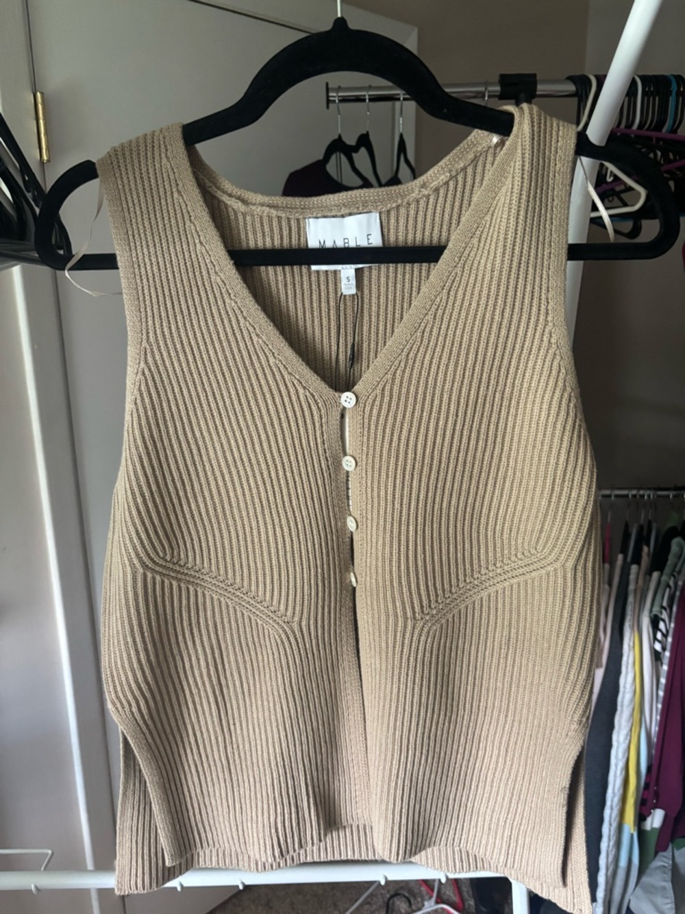 Marle Beige Ribbed Button-Front Knit Vest
